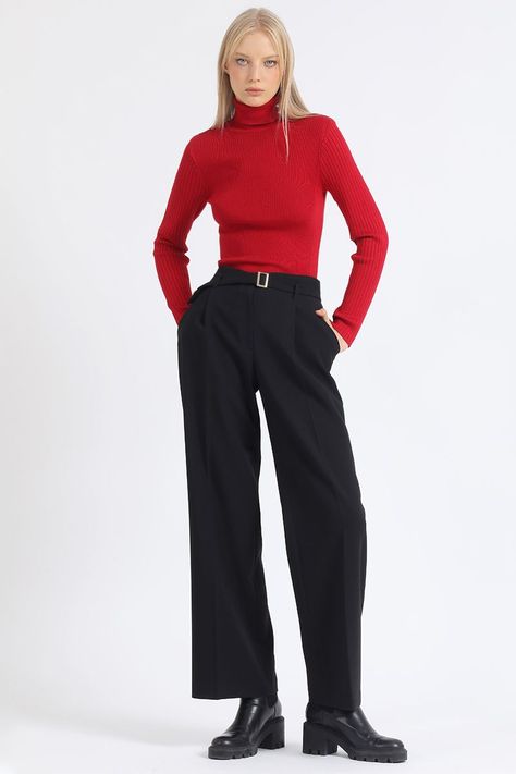 Pantalon Recto Con Pinzas Tiro Alto, Negro Liola-0