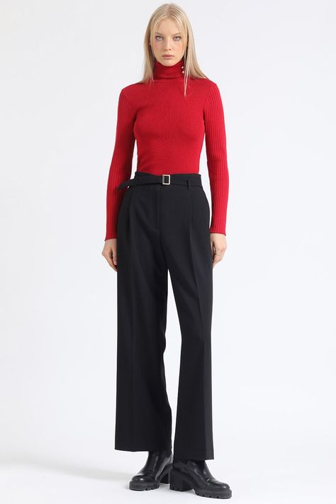 Pantalon Recto Con Pinzas Tiro Alto, Negro Liola-2