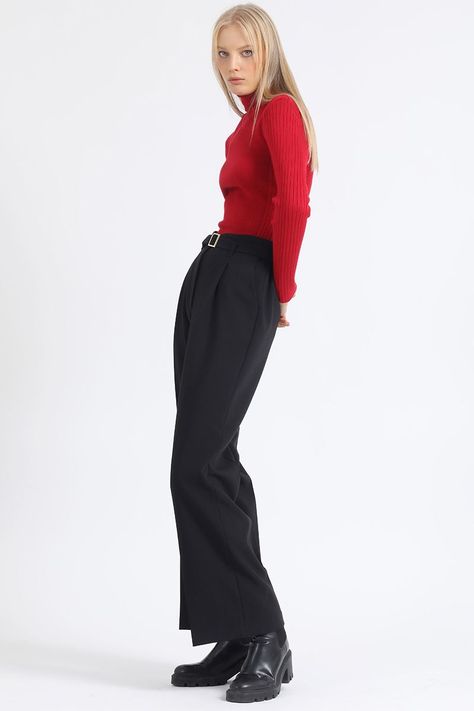 Pantalon Recto Con Pinzas Tiro Alto, Negro Liola-3