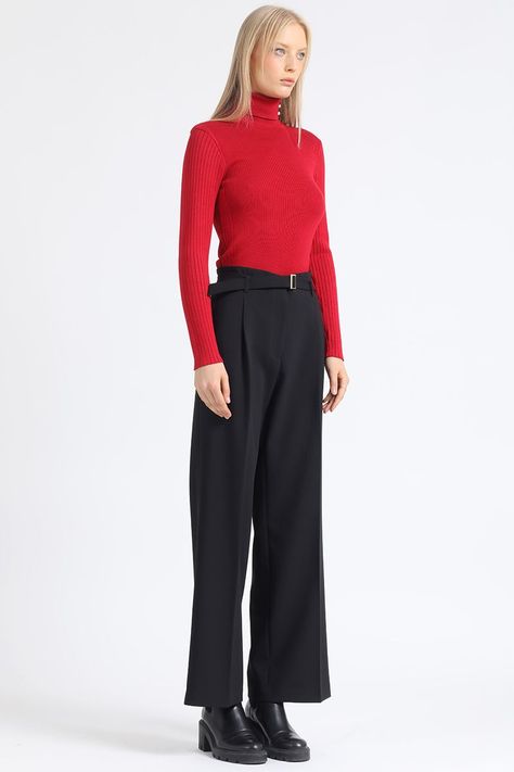 Pantalon Recto Con Pinzas Tiro Alto, Negro Liola-4