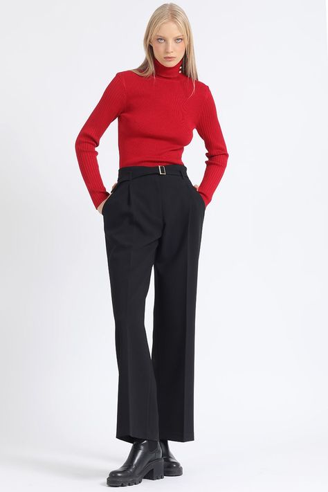 Pantalon Recto Con Pinzas Tiro Alto, Negro Liola-5