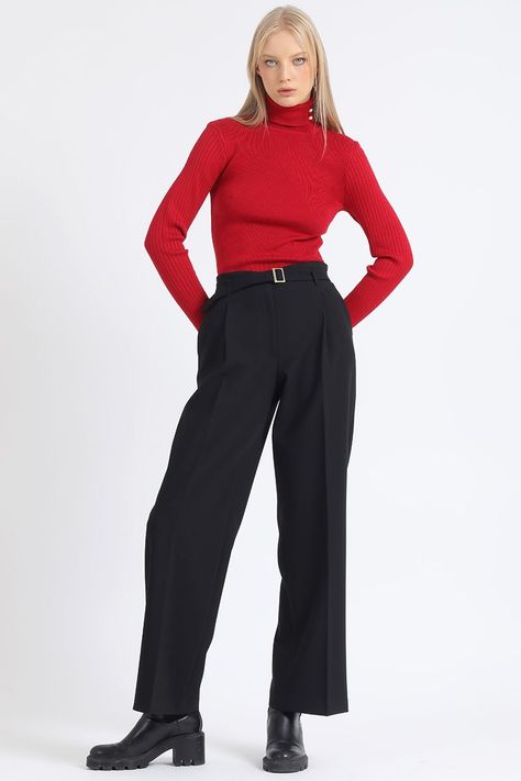 Pantalon Recto Con Pinzas Tiro Alto, Negro Liola-6