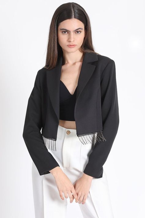 Blazer Crop Flecos Strass, Negro Liola-5