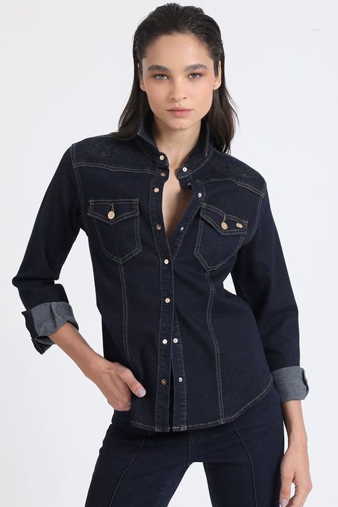 Camisa Denim Entallada Con Bordado, Indigo Liola-0