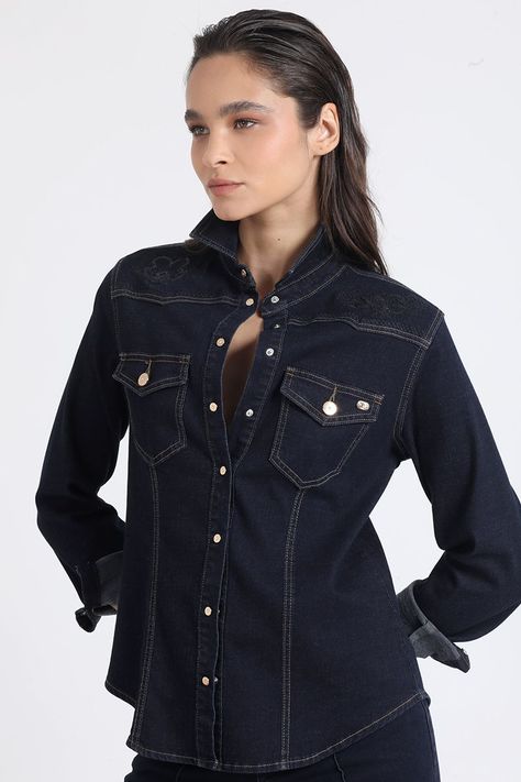 Camisa Denim Entallada Con Bordado, Indigo Liola-2