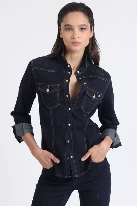 Camisa Denim Entallada Con Bordado, Indigo Liola-3