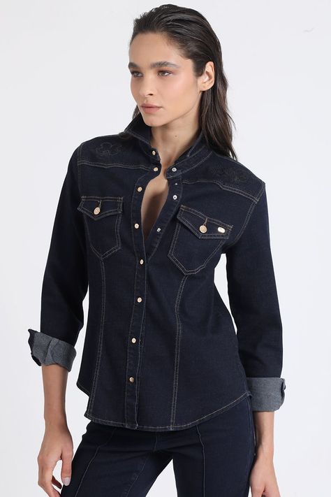 Camisa Denim Entallada Con Bordado, Indigo Liola-4