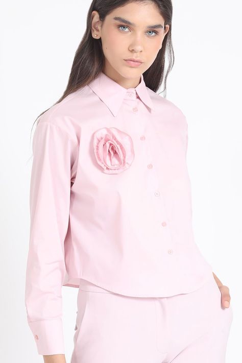 Camisa Poplin Algodón, Aplicación Flor, Rosa Liola-0