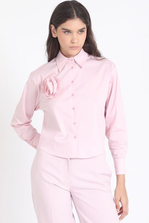 Camisa Poplin Algodón, Aplicación Flor, Rosa Liola-4