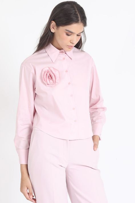 Camisa Poplin Algodón, Aplicación Flor, Rosa Liola-5