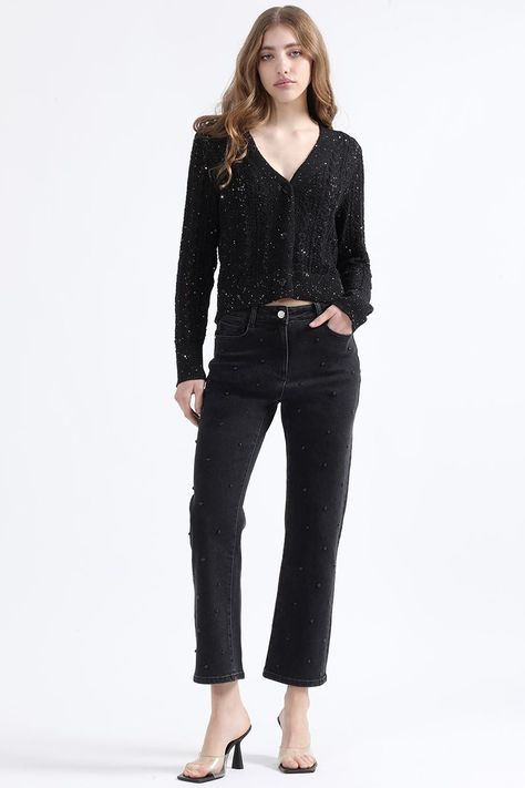 Jeans Slim Fit, Tiro Medio, Tachas, Negro Liola-0