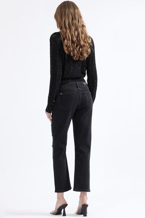Jeans Slim Fit, Tiro Medio, Tachas, Negro Liola-3