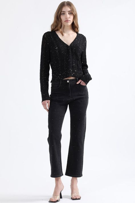 Jeans Slim Fit, Tiro Medio, Tachas, Negro Liola-4