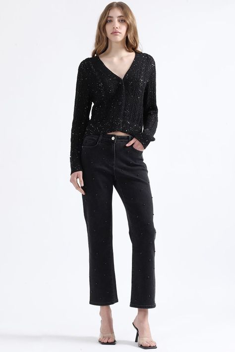 Jeans Slim Fit, Tiro Medio, Tachas, Negro Liola-5