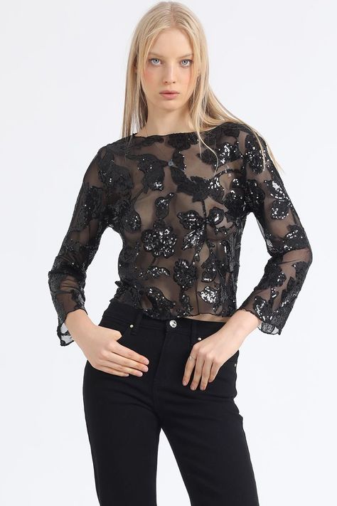 Polera Malla Bordado Lentejuelas, Negro Liola-0