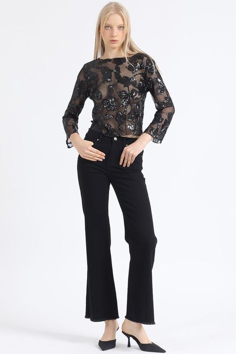 Polera Malla Bordado Lentejuelas, Negro Liola-1