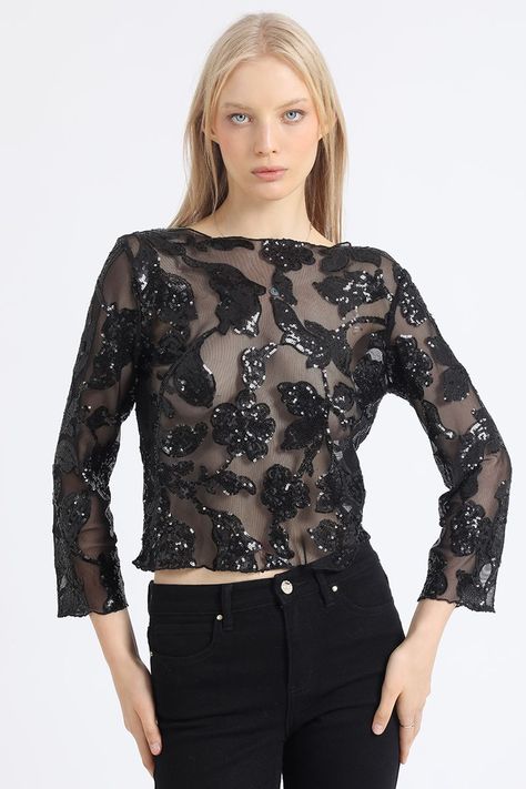 Polera Malla Bordado Lentejuelas, Negro Liola-2