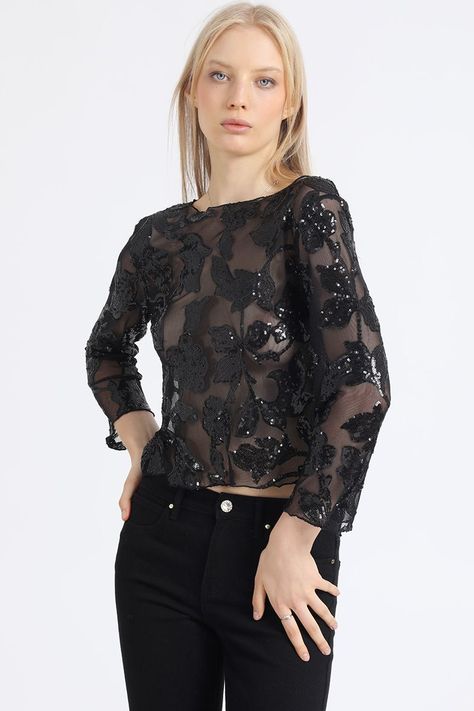 Polera Malla Bordado Lentejuelas, Negro Liola-3