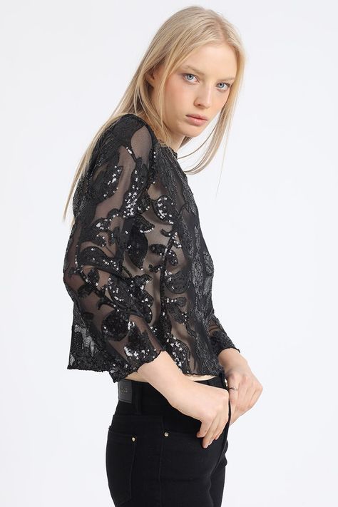 Polera Malla Bordado Lentejuelas, Negro Liola-4