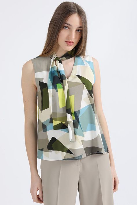 Blusa Lazada En Cuello, Estampado, Verde, Italia Liola-0