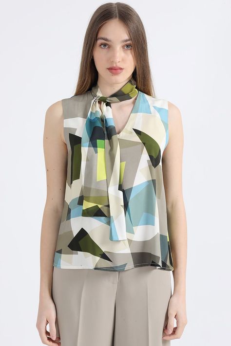 Blusa Lazada En Cuello, Estampado, Verde, Italia Liola-2