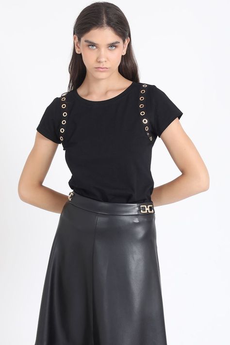 Polera Algodon, Aplicación Ojetillos, Negro Liola-0
