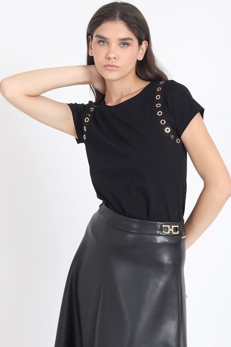Polera Algodon, Aplicación Ojetillos, Negro Liola-2