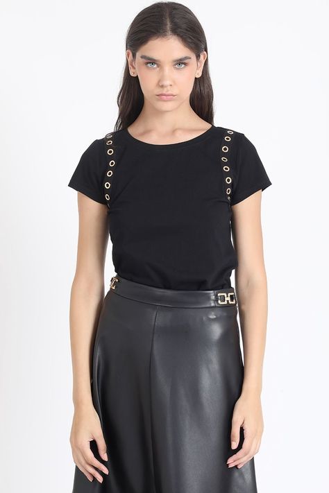 Polera Algodon, Aplicación Ojetillos, Negro Liola-3