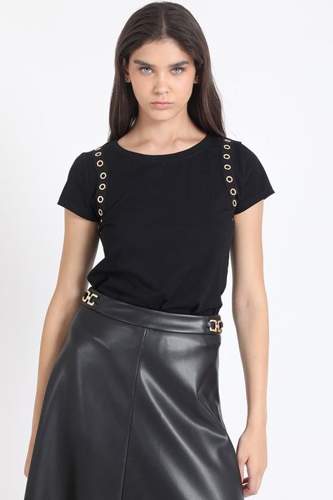 Polera Algodon, Aplicación Ojetillos, Negro Liola-5