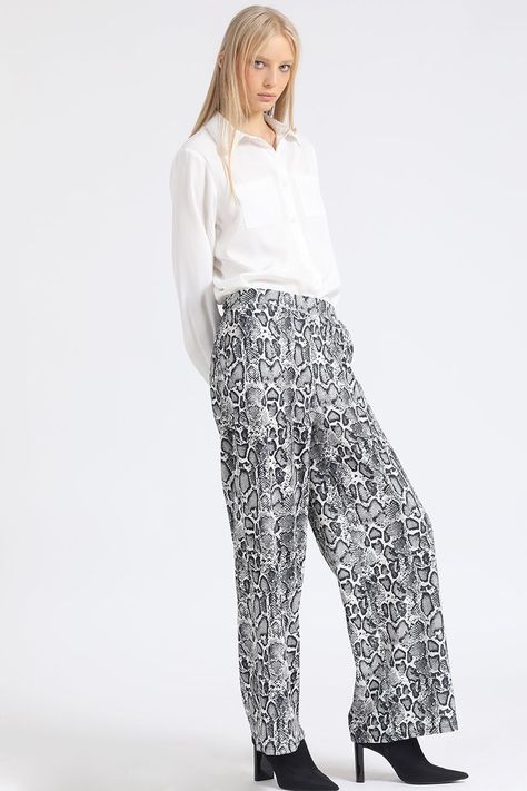 Pantalon Ancho, Tiro Alto, Estampado Piton, Beige Liola-0