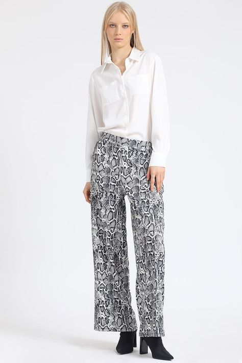 Pantalon Ancho, Tiro Alto, Estampado Piton, Beige Liola-2