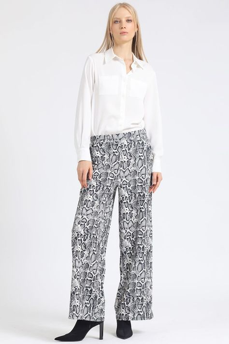 Pantalon Ancho, Tiro Alto, Estampado Piton, Beige Liola-3