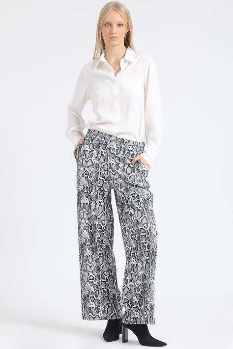 Pantalon Ancho, Tiro Alto, Estampado Piton, Beige Liola-4