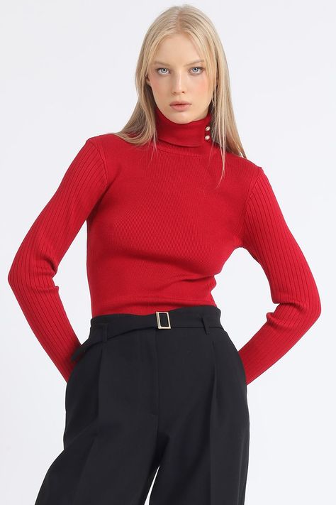 Sweater, Tejido Punto, Boton Decorativo, Rojo Liola-0