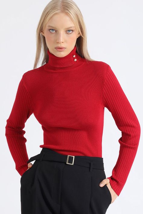 Sweater, Tejido Punto, Boton Decorativo, Rojo Liola-2
