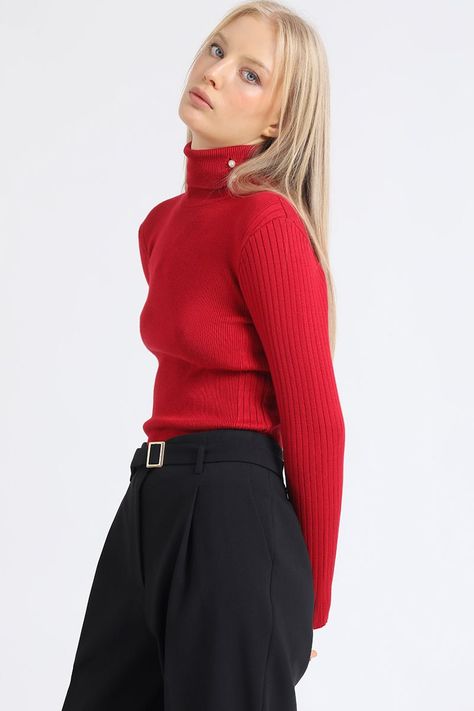 Sweater, Tejido Punto, Boton Decorativo, Rojo Liola-4