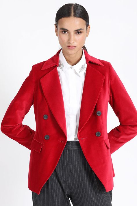 Blazer Con Entalle Cruzado Terciopelo Rojo Liola-0