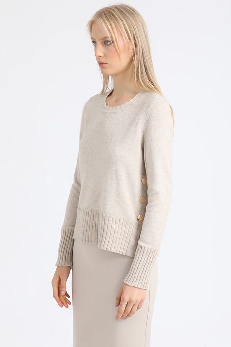 Sweater Recto Tejido Punto, Boton Decorativo, Beige Liola-3