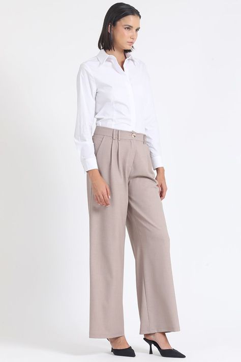 Pantalon Ancho Tiro Alto Con Pinzas, Beige Liola-1