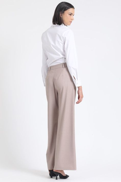 Pantalon Ancho Tiro Alto Con Pinzas, Beige Liola-3