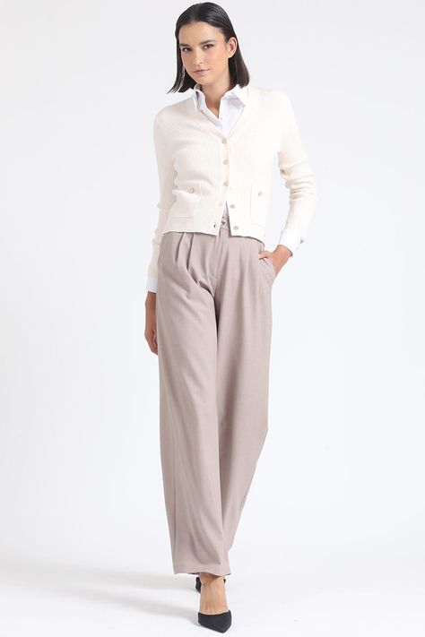 Pantalon Ancho Tiro Alto Con Pinzas, Beige Liola-4