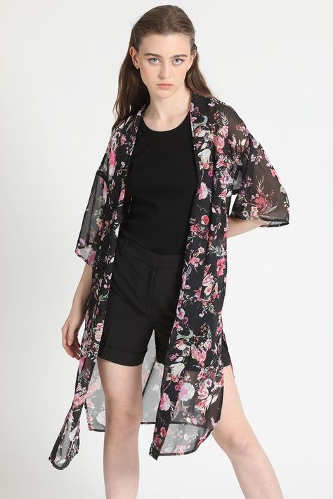 Kimono Estampado Flores Negro Liola-1