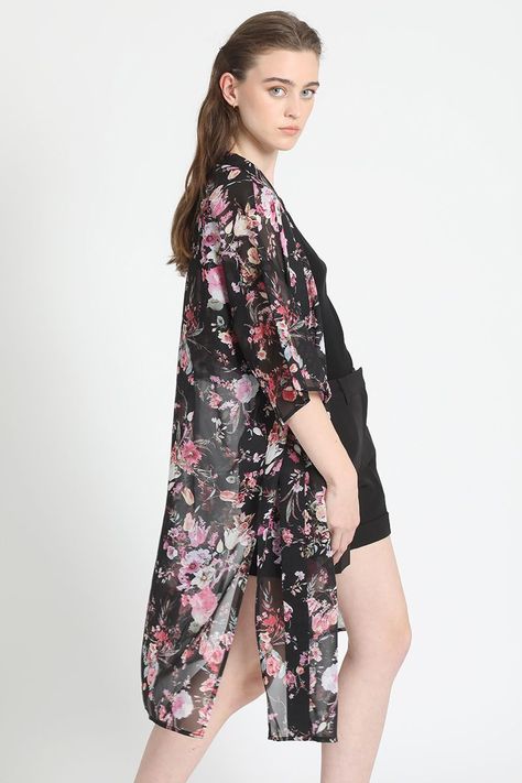 Kimono Estampado Flores Negro Liola-5