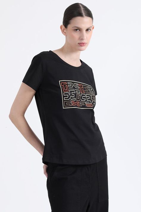 Polera Algodón Spandex, Con Estampado, Negro Liola-1