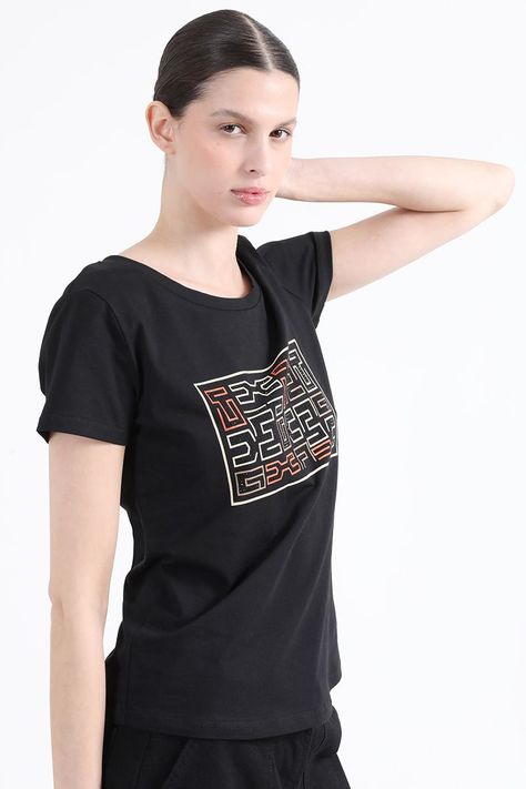 Polera Algodón Spandex, Con Estampado, Negro Liola-4