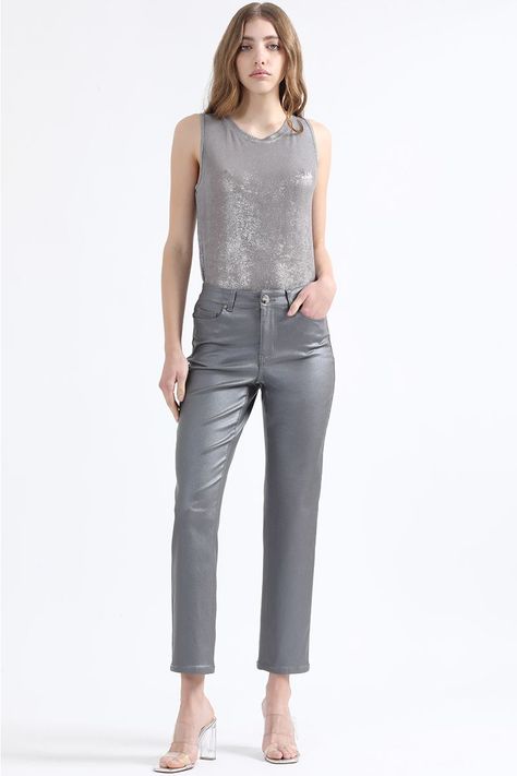 Pantalon Slim Tiro Medio, Metalizado, Gris Liola-0