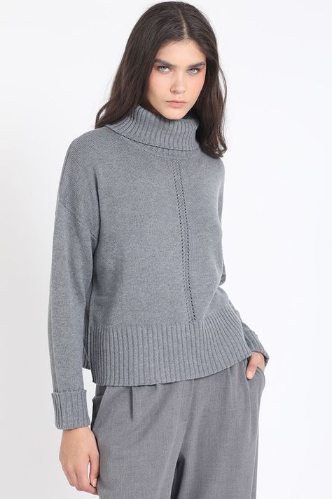 Sweater Recto Tejido Mix Punto Fantasia, Gris Liola-0