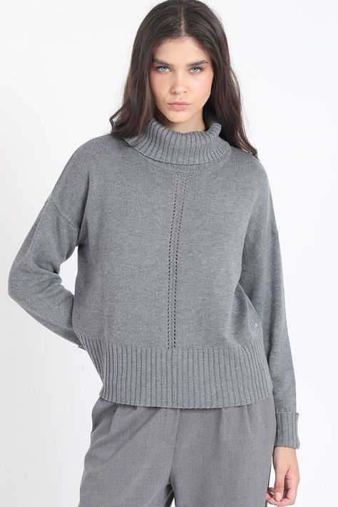 Sweater Recto Tejido Mix Punto Fantasia, Gris Liola-1