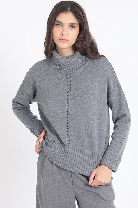 Sweater Recto Tejido Mix Punto Fantasia, Gris Liola-3