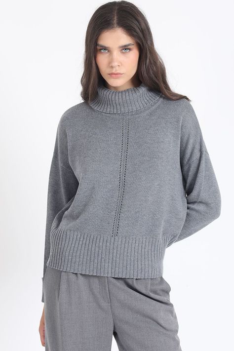 Sweater Recto Tejido Mix Punto Fantasia, Gris Liola-5